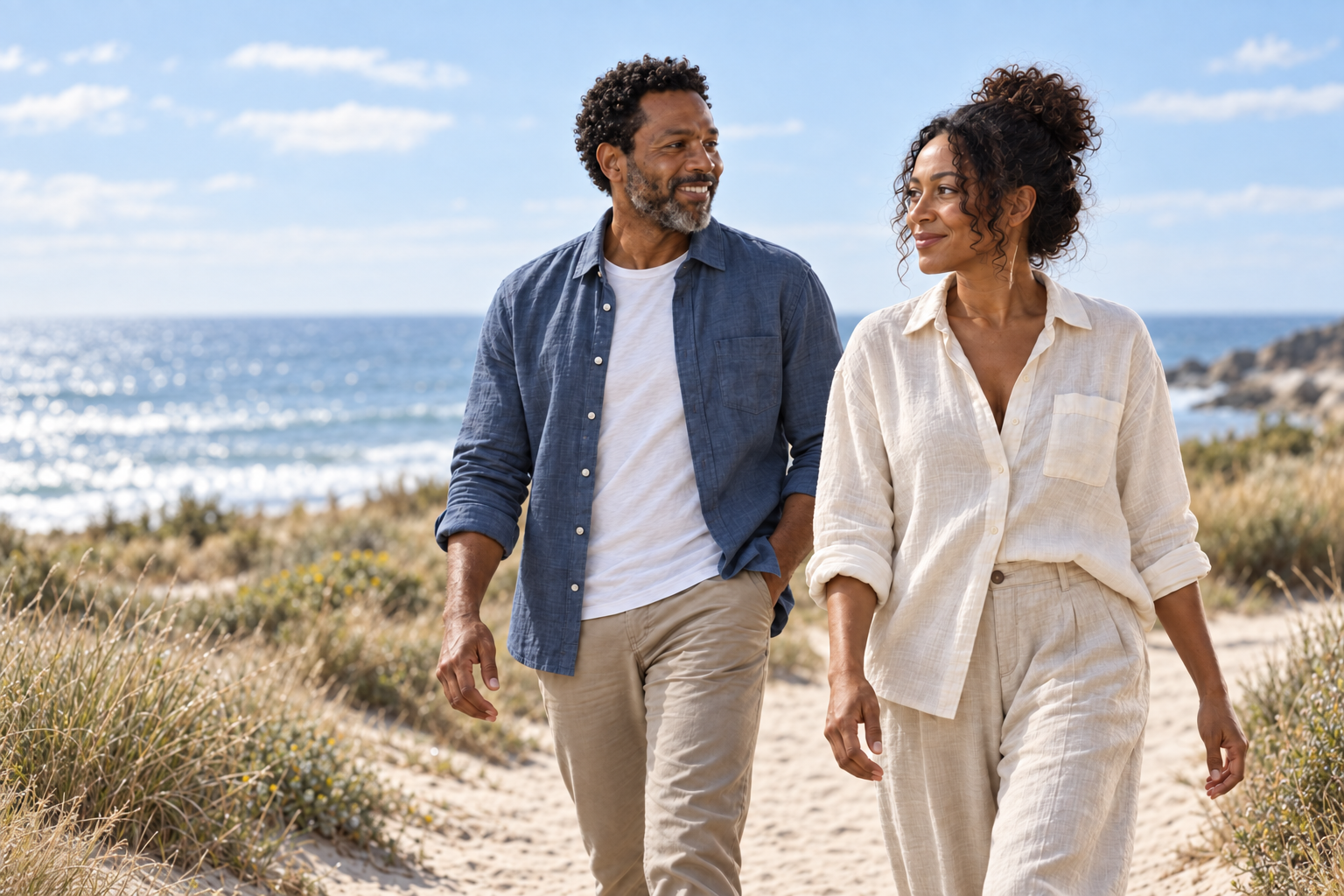 Illustrative campaign scene: a curly-haired man and woman enjoying a relaxed walk along a sandy coastal path